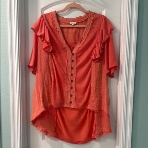 POL Coral Flutter Sleeve Asymmetrical Blouse